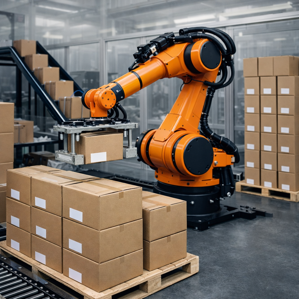 Orange industrial robotic arm operating in a factory with various metal parts and control panels