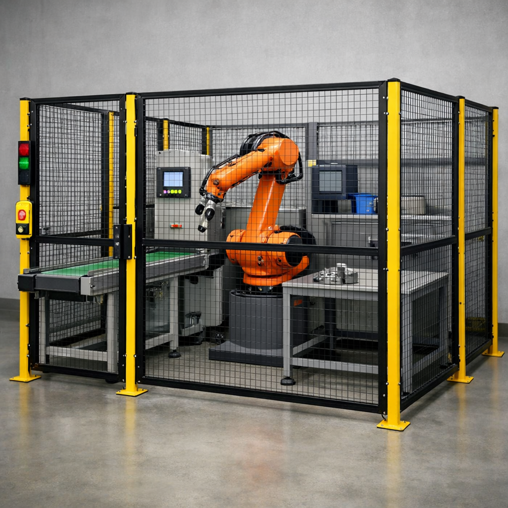 Orange robotic arm enclosed by black metal safety cage with yellow supports in industrial workspace