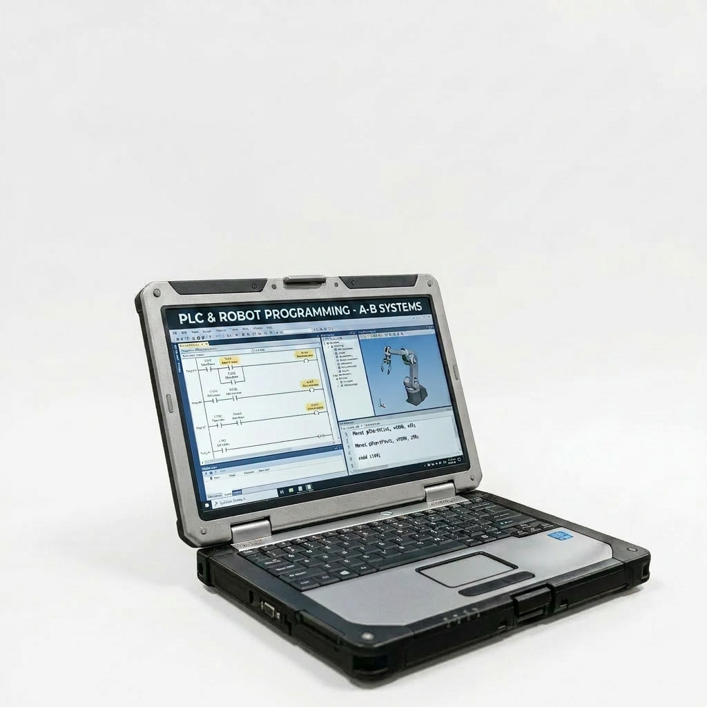 Technician programming PLC and robotic arm controls on laptop in factory