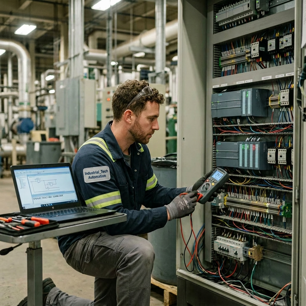 Technician testing electrical panel with multimeter in factory
