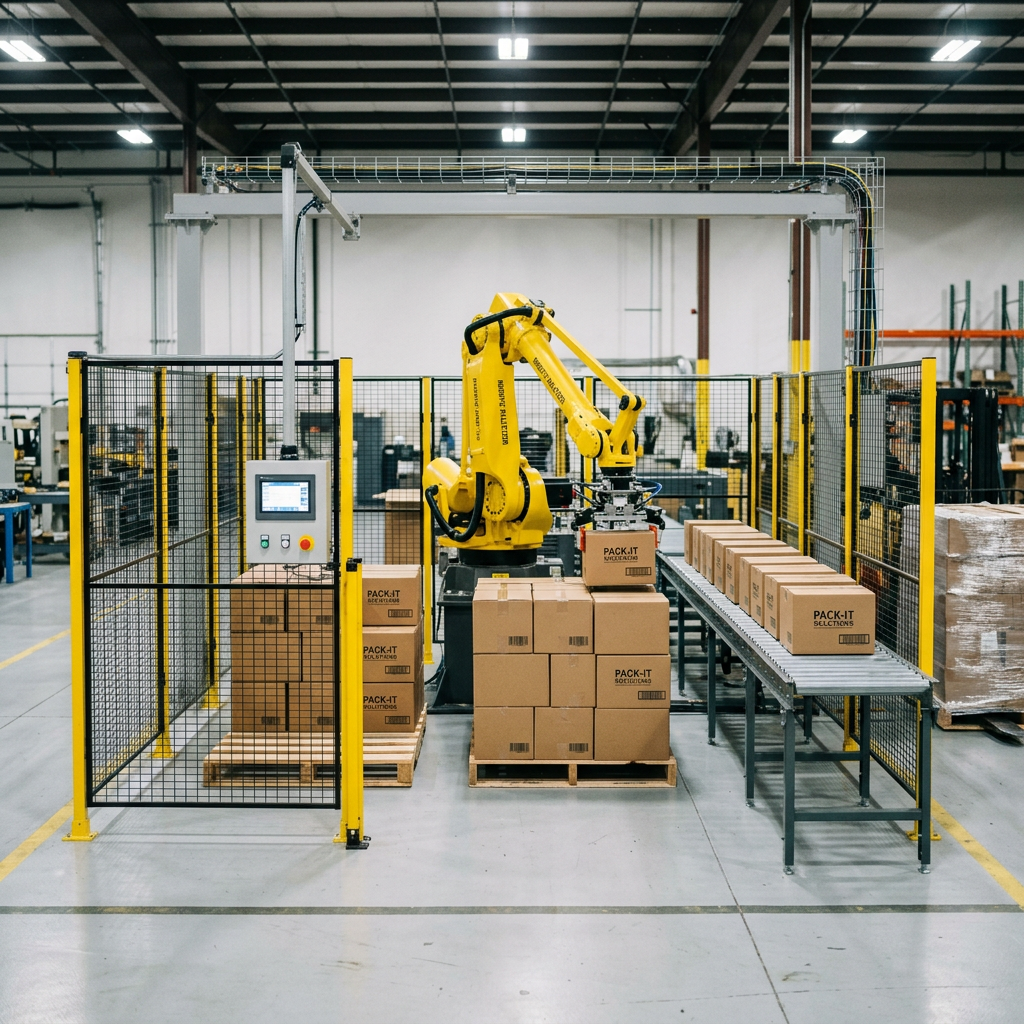 Yellow robotic arm stacking cardboard boxes on a pallet inside a fenced area